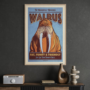 Framed Walrus poster displayed in a modern office, adding humorous vintage wildlife art and bold graphic character to the space.