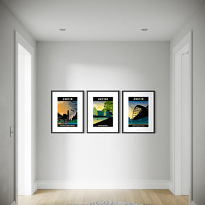 Austin Gallery Set framed in hallway with Barton Springs, Congress Avenue Bats and Pennybacker Bridge prints