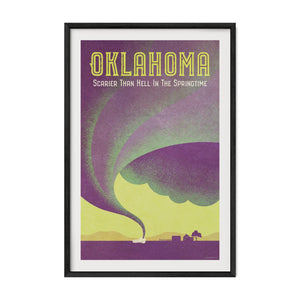 Oklahoma tornado poster in a black frame featuring bold retro typography and dramatic storm imagery.
