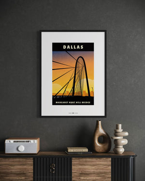 Dallas, Texas — Margaret Hunt Hill Bridge poster black frame wall mockup in office