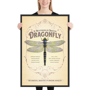 Product mockup of Retro style giclée art print of a Dragon depicted on an ornate backgound. It has muted colors, textures, and ornate typography, with a headline that says “The Mysterious & Magical Dragonfly”.  At the bottom the type says “The graceful, beautiful and amazing aerialist.”