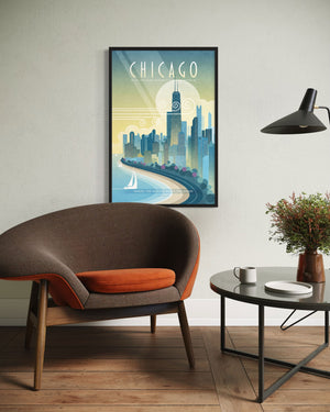 Chicago Shoreline Drive wall art displayed above mid-century chair in modern living space