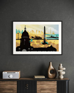 framed Lone Star Legacy Texas poster vintage travel style wall art in modern office interior