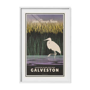 Galveston Island State Park travel poster in a white frame featuring a white egret in Texas coastal marshland.