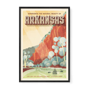 Black framed poster of Arkansas with a scenic landscape and text.
