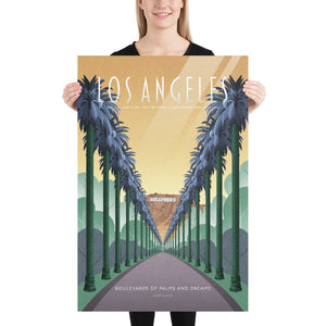 Product mockup of Illustrated Los Angeles travel poster showing Griffith Observatory at night with city skyline and a constellation forming a vintage movie camera in the sky. Retro Art Deco design with spotlights and starry sky.