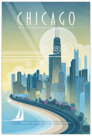 Unframed Chicago Shoreline Drive fine art travel poster featuring John Hancock Center and Lake Michigan