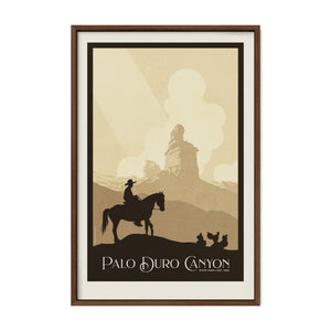 Walnut framed Palo Duro Canyon cowboy art print depicting a cowboy on horseback traveling through Palo Duro Canyon with the Lighthouse formation beyond.
