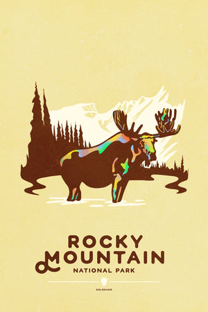 Rocky Mountain National Park poster featuring moose with mountains and forest in bold graphic style
