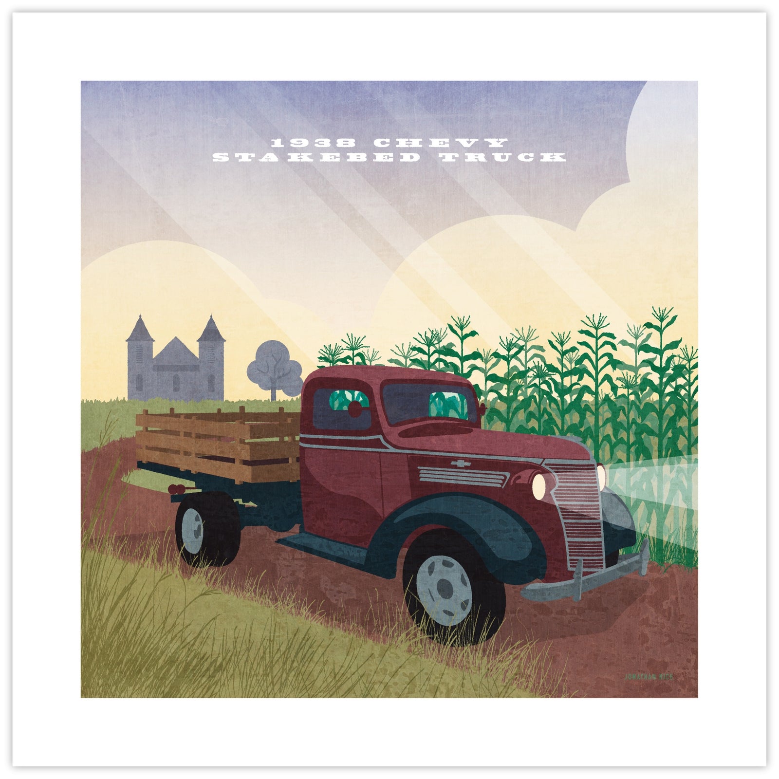 Illustrated 1938 Chevy Stakebed Truck poster with red vintage farm truck, cornfield and rural landscape
