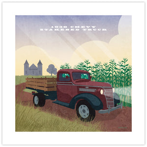 Illustrated 1938 Chevy Stakebed Truck poster with red vintage farm truck, cornfield and rural landscape
