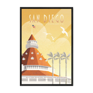 San Diego Hotel del Coronado vintage travel poster in black wood frame featuring palm trees and coastal sunset tones