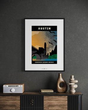 Austin, Texas — Congress Avenue Bridge Bats poster black frame office wall mockup