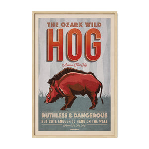 Vintage-style Wild Hog poster by Jonathan Rice oak frame