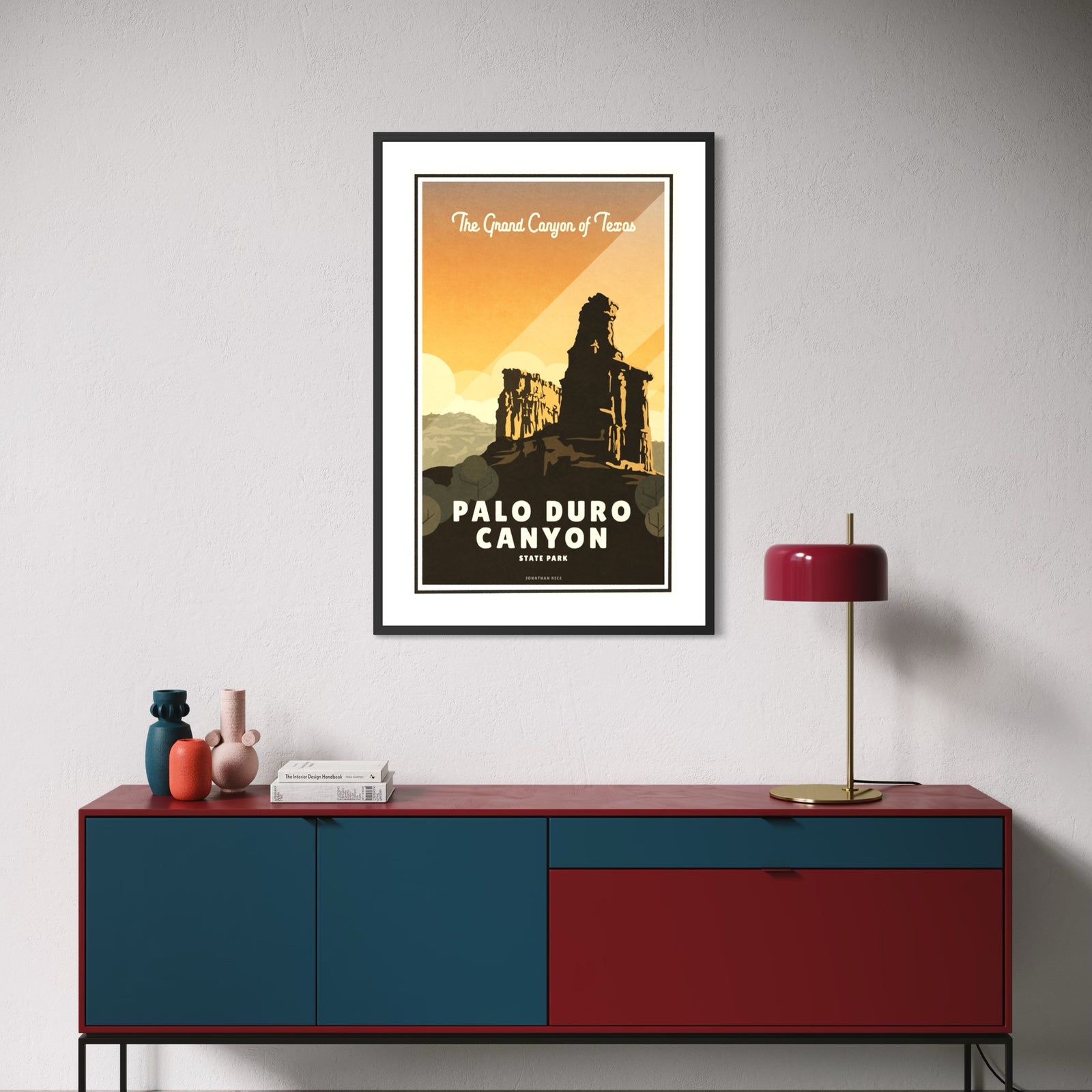 Palo Duro Canyon State Park vintage travel poster featuring the Lighthouse rock formation, colorful red canyon walls, blue Texas sky, and bold mid-century inspired illustration celebrating the Grand Canyon of Texas.