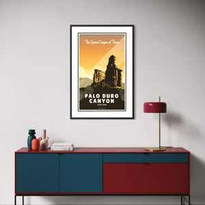 Framed Palo Duro Canyon State Park poster displayed above a modern credenza featuring the iconic Lighthouse formation in warm Texas sunset colors.