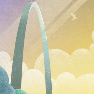 Detail of Saint Louis Gateway Arch poster showing textured illustration, trees and golden sky