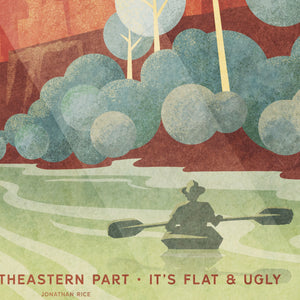 Close-up detail of the Arkansas poster highlighting a lone canoe, layered rock formations, textured trees, and vintage print styling.