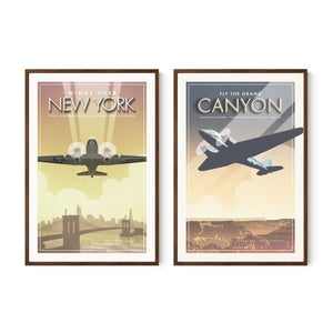 DC-3 New York City and Grand Canyon aviation wall art set in walnut frames