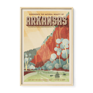 Oak framed travel poster for Arkansas with a scenic illustration of a river and red rock cliffs.