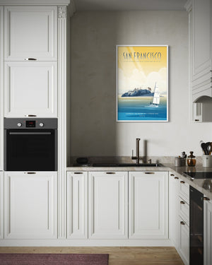 San Francisco Alcatraz vintage travel poster displayed in a modern kitchen interior