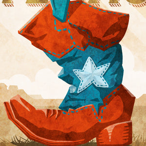 Close-up of vintage-inspired cowboy boot illustration, weathered typography and textured details in the Welcome to Texas poster.