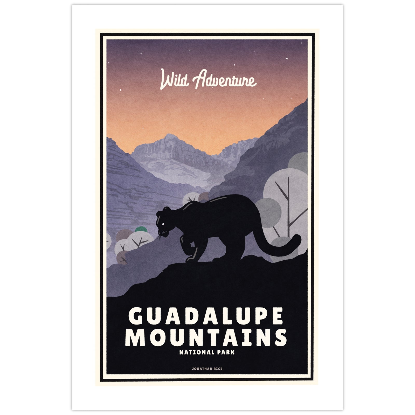 Vintage-style Guadalupe Mountains National Park poster featuring a mountain lion silhouetted on a rocky overlook beneath a colorful desert sunset, with layered mountain peaks, canyon landscape, and bold retro typography inspired by classic travel posters.