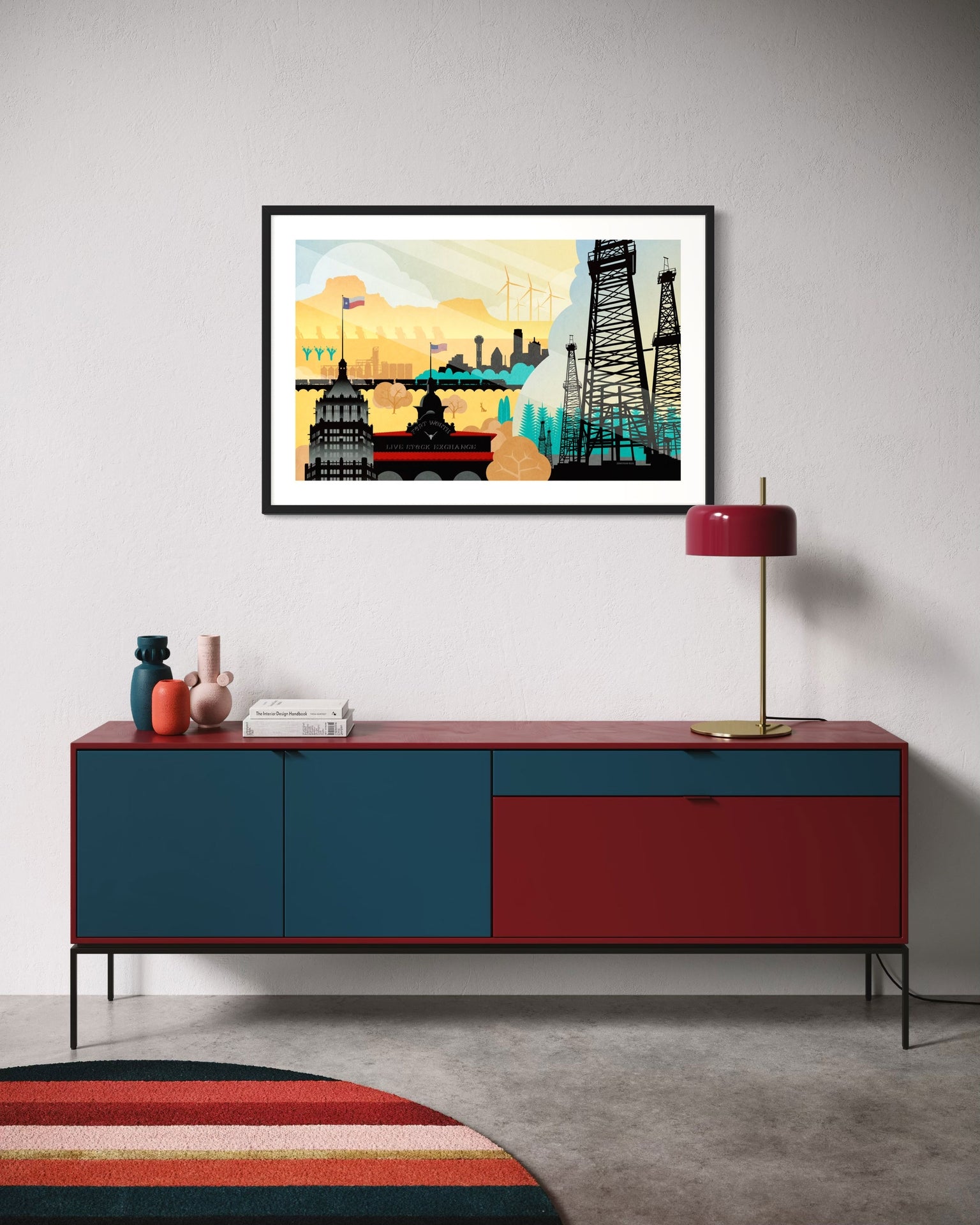 Built on Texas poster vintage style featuring oil rigs, rail line, skyline, and wind turbines