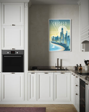 Chicago skyline travel poster displayed in modern kitchen interior with white cabinets