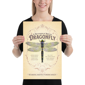 Product mockup of Retro style giclée art print of a Dragon depicted on an ornate backgound. It has muted colors, textures, and ornate typography, with a headline that says “The Mysterious & Magical Dragonfly”.  At the bottom the type says “The graceful, beautiful and amazing aerialist.”
