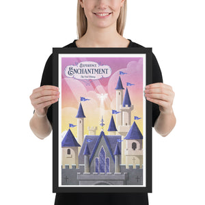 Product mockup of an Illustrated poster of a whimsical stone castle with tall blue-roofed towers, glowing sunset sky, and a fairy hovering above. Text reads “Experience Enchantment – Fly Into Fantasy.