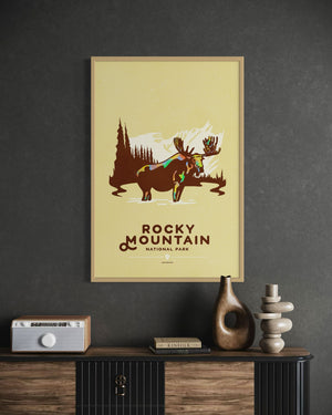 Rocky Mountain National Park travel poster oak frame office mockup