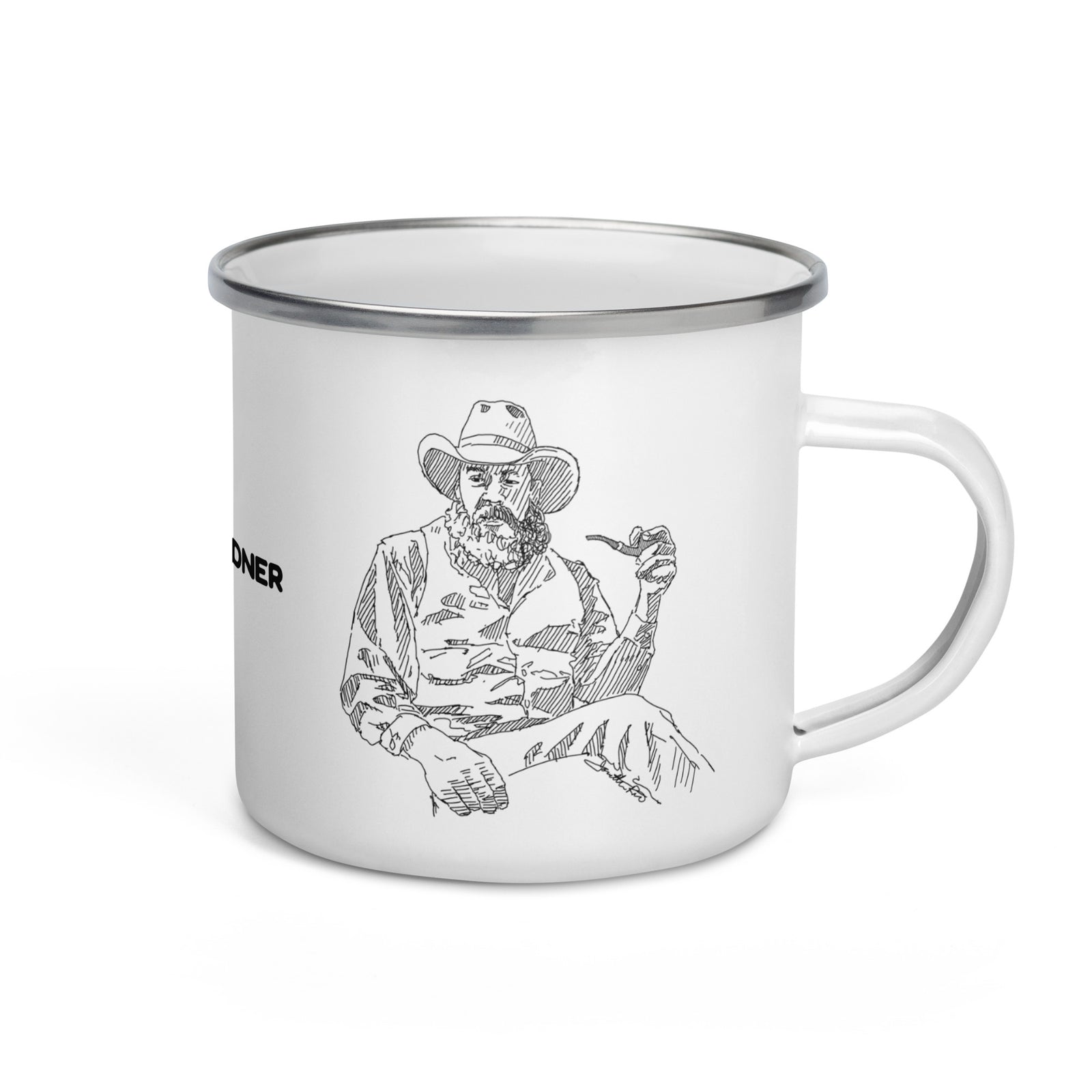 Enamel covered metal camp mug with a sketch of a Cowboy With Pipe on two sides and the phrase “Morning Pardner” in the middle. 12 oz capacity.