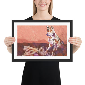 Modern style giclée art print of a Coyote standing on a rock in the wild. With its warm tones, vibrant foreground colors and gritty texture with a minimalist mountainous background. Framed size 18" x 12"
