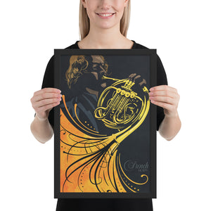 Bold graphic giclée art print of a French Horn player with swirls and flourishes. Bold graphic lines and bright colorful shapes create an energetic poster for classical music lovers. Framed size 12" x 18"