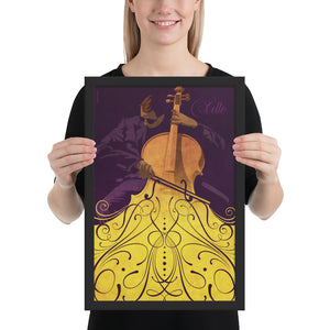 Bold graphic giclée art print of a Cello player with swirls and flourishes. Bold graphic lines and bright colorful shapes create an energetic poster for classical music lovers. Framed Size 12" x 18" 