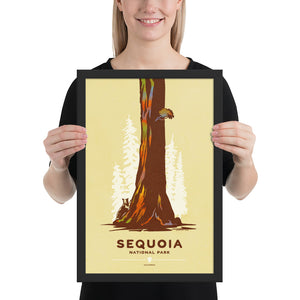 Modern, minimalist giclée art print for Modern, minimalist giclée art print for Sequoia National Park in California. This simple and classy poster depicts a giant Sequoia tree with a black bear attempting to climb it. It has the words “Sequoia National Park, California” at the bottom. The print’s muted overall background color allows the bold and vibrant colors of the main image to pop. Framed Print 12" x 18"