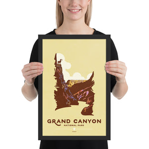 Modern, minimalist giclée art print for Grand Canyon National Park in Arizona. This simple and classy poster depicts a cross section of the Grand Canyon with a Bighorn Sheep on top of one of the edges of the canyon. It has the words “Grand Canyon National Park, Arizona” at the bottom. The print’s muted overall background color allows the bold and vibrant colors of the main image to pop. Framed print size 12" x 18"