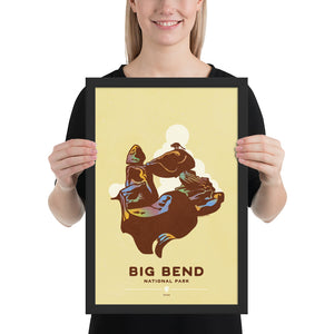 Modern, minimalist giclée art print for Big Bend National Park in Texas. This simple and classy poster depicts a Balanced Rock in Big Bend with a Mountain Lion perched on top. It has the words “Big Bend National Park, Texas” at the bottom. The print’s muted overall background color allows the bold and vibrant colors of the main image to pop. Framed Print size 12" x 18"