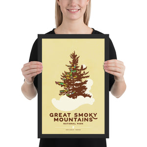 Modern, minimalist giclée art print for Modern, minimalist giclée art print for Great Smoky Mountains National Park in North Carolina and Tennessee. This simple and classy poster depicts a fog wrapped spruce tree with an owl in its branches. It has the words “Great Smoky Mountains National Park, North Carolina • Tennessee” at the bottom.