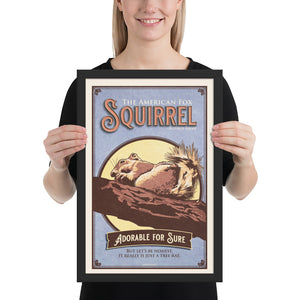 Retro style giclée art print of a Fox Squirrel on a branch eating an accorn. It has dusty colors, textures, and ornate typography, with a headline that says “American Fox Squirrel, Sciurus Niger”.  At the bottom the type says “ Adorable for sure. But let’s be honest, it really is just a tree rat.”