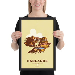 Modern, minimalist giclée art print for Badlands National Park in South Dakota. This simple and classy poster depicts a Bighorn sheep standing on top of one of the many unique geological formations that can be found throughout the park. It has the words “Badlands National Park, South Dakota”  at the bottom. The print’s muted overall background color allows the bold and vibrant colors of the main image to pop. 