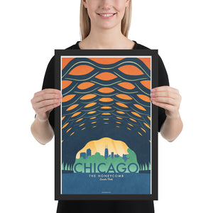 This Chicago travel poster, featuring the Honeycomb (The Education Pavilion)in Lincoln Park, just oozes with an American modern vibe. Bright and bold colors combined with a striking design create a stunning poster, which is sure to make a great addition to any room, with a headline that says “Chicago”.  At the bottom the type says “The Honeycomb – Lincoln Park.”