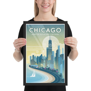 Chicago, Where the Skyline Meets the Shore travel poster. This windy city poster uses bright and rich colors combined with just a hint of humor, to create a stunning image which is sure to make a great addition to any room, with a headline that says “Chicago”.  And subhead that says “Where The Skyline Meets the Shore.”
