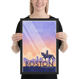 Boston George Washington Statue Travel Poster. In Boston you can walk in the footsteps of heroes like Washington himself. Bright and bold colors combined with a striking design create a stunning poster, which is sure to make a great addition to any room, with a headline that says “Visit Boston”.  At the top, the type says “Walk In The Footsteps of Heroes.” At the bottom, the type says “George Washington Statue — Boston’s Public Garden.”