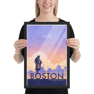 Boston Benjamin Franklin Statue Travel Poster. In Boston you can walk in the footsteps of heroes like Franklin himself. Bright and bold colors combined with a striking design create a stunning poster, which is sure to make a great addition to any room, with a headline that says “Visit Boston”.  At the top, the type says “Walk In The Footsteps of Heroes.” At the bottom, the type says “Benjamin Franklin Statue — Old City Hall — The Freedom Trail.”