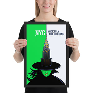 New York City Travel Poster. A little bit of the iconic Chrysler building mixed with a little bit of the Wicked Witch create a wickedly entertaining poster for the city that never sleeps. Bright and bold colors combined with a striking design create a stunning poster, which is sure to make a great addition to any room, with a headline that says “NYC: Wickedly Entertaining”. 