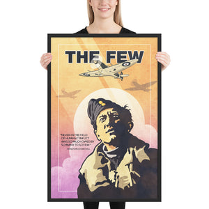 Retro style giclée art print depicting a WWII pilot looking up in the sky as Spitfire fighter planes fly overhead. It has the words “The Few” at the top. The print’s dusty warm colors combined with bright magentas makes for a stunning image. There is a famous quote by Winston Churchill on the print. Framed size 24" x 36"