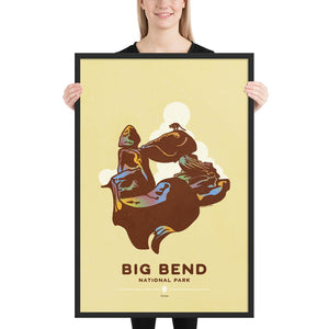 Modern, minimalist giclée art print for Big Bend National Park in Texas. This simple and classy poster depicts a Balanced Rock in Big Bend with a Mountain Lion perched on top. It has the words “Big Bend National Park, Texas” at the bottom. The print’s muted overall background color allows the bold and vibrant colors of the main image to pop. Framed Print Size 24" x 36"