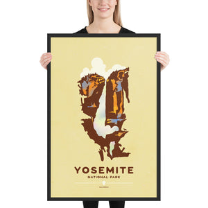 Modern, minimalist giclée art print for Modern, minimalist giclée art print for Yosemite National Park in California. his simple and classy poster depicts a portion of Yosemite Falls with a mule deer on a cliff it. It has the words “Yosemite National Park, California” at the bottom. The print’s muted overall background color allows the bold and vibrant colors of the main image to pop. 